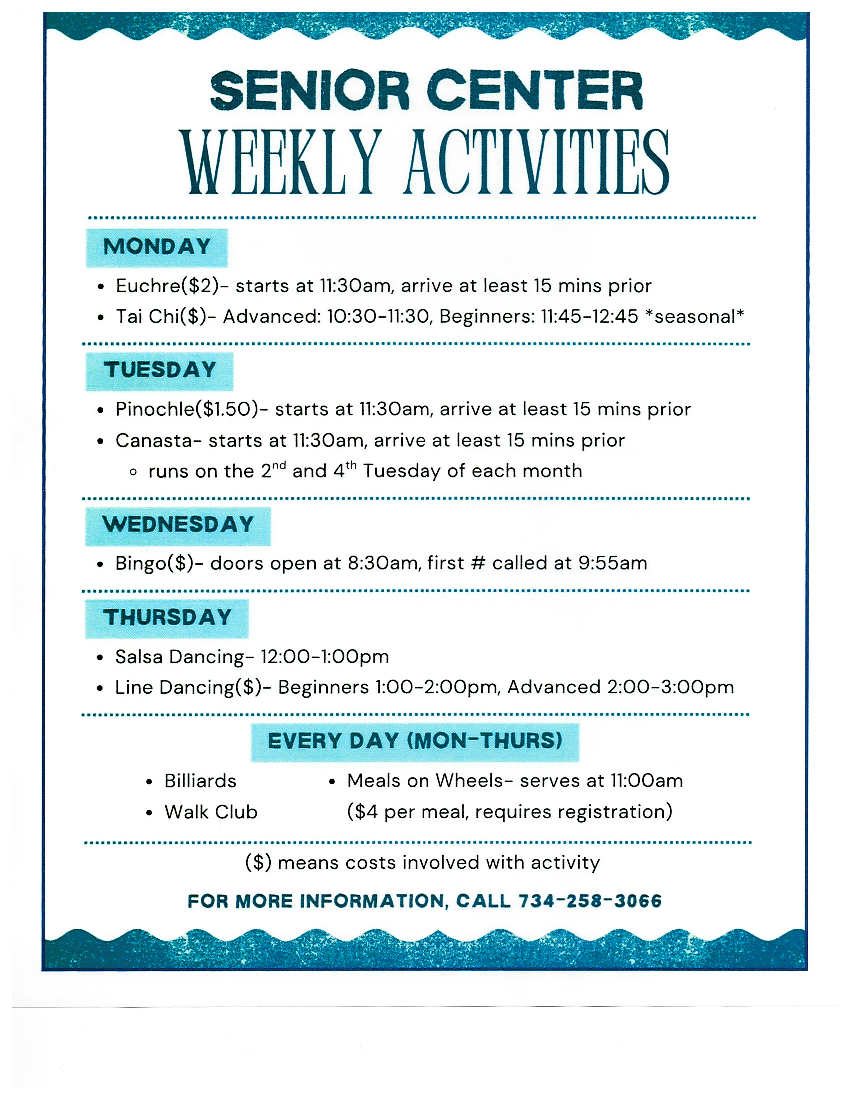Weekly activities
